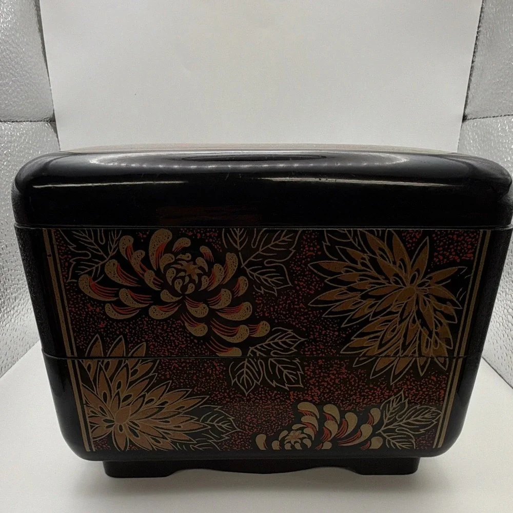 Vintage Japanese Lacquer 3 Tier Stacking Trinket Box Black Red Gold Floral